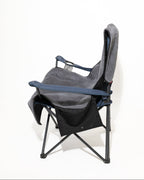 A folding camp chair with a grey fabric seat cover shown from a side angle on a white background.