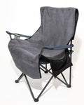 Grey faux fur cover fitted to a standard folding camping outdoor chair.