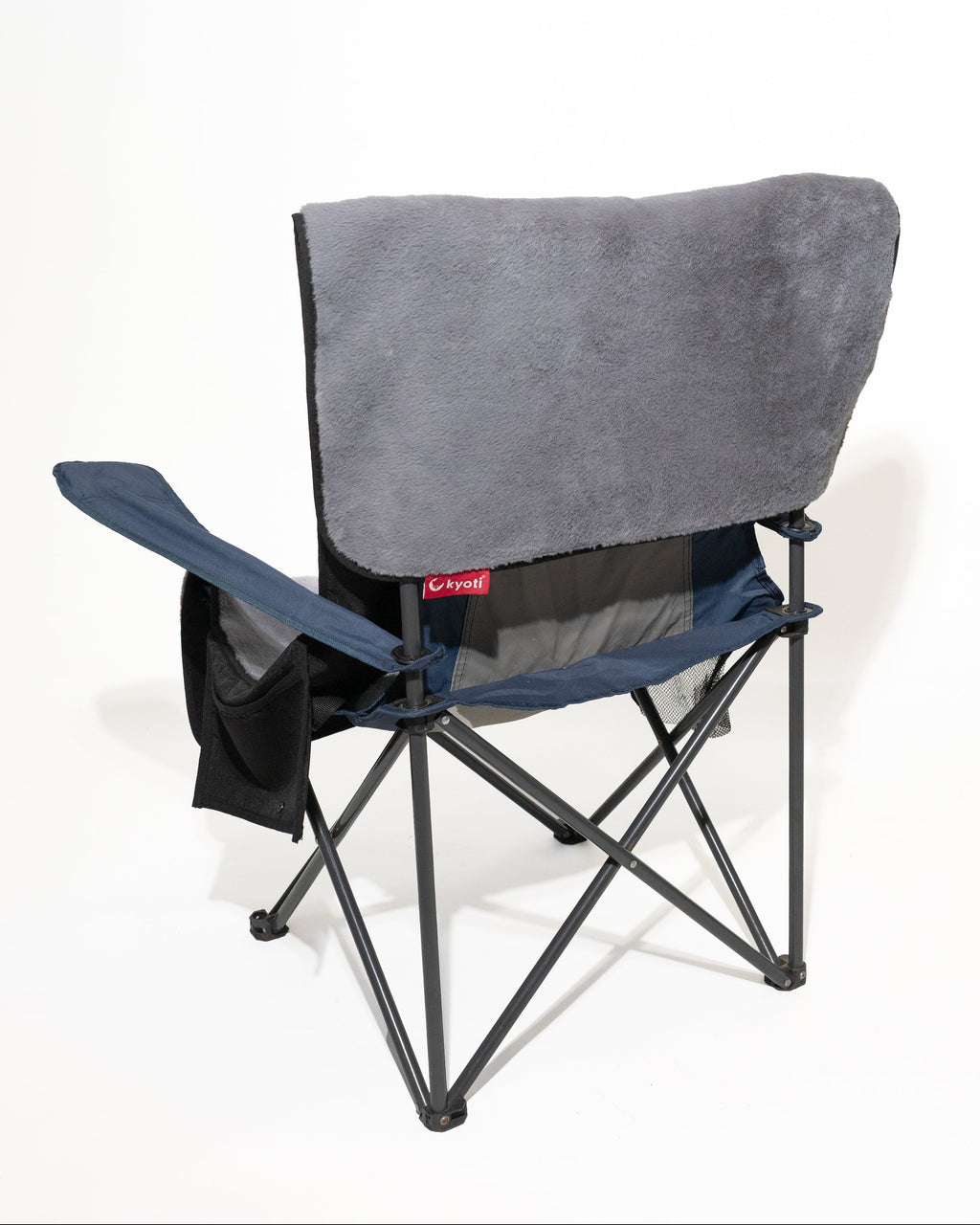 A folding camp chair with a grey fabric seat cover shown from a side angle on a white background.